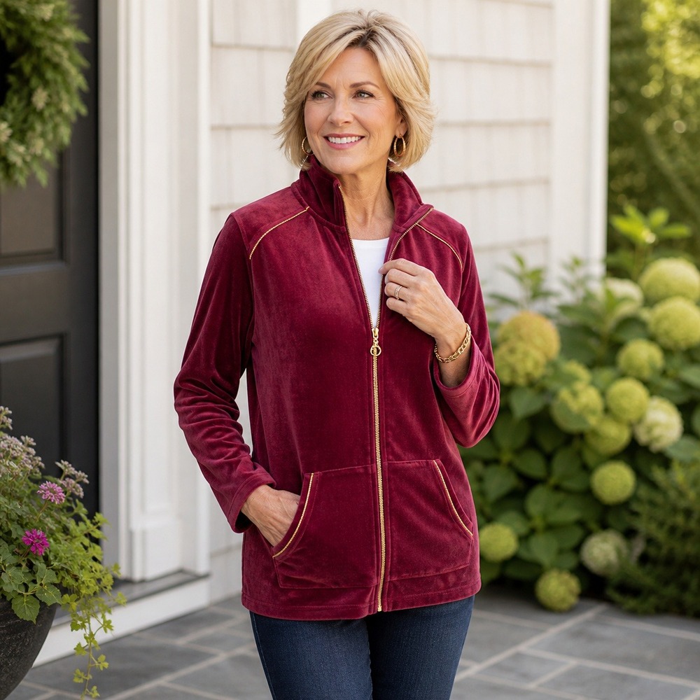 Quacker Factory Velour Zip Up Jacket Womens Size L Burgundy Gold Trim Rhinestone